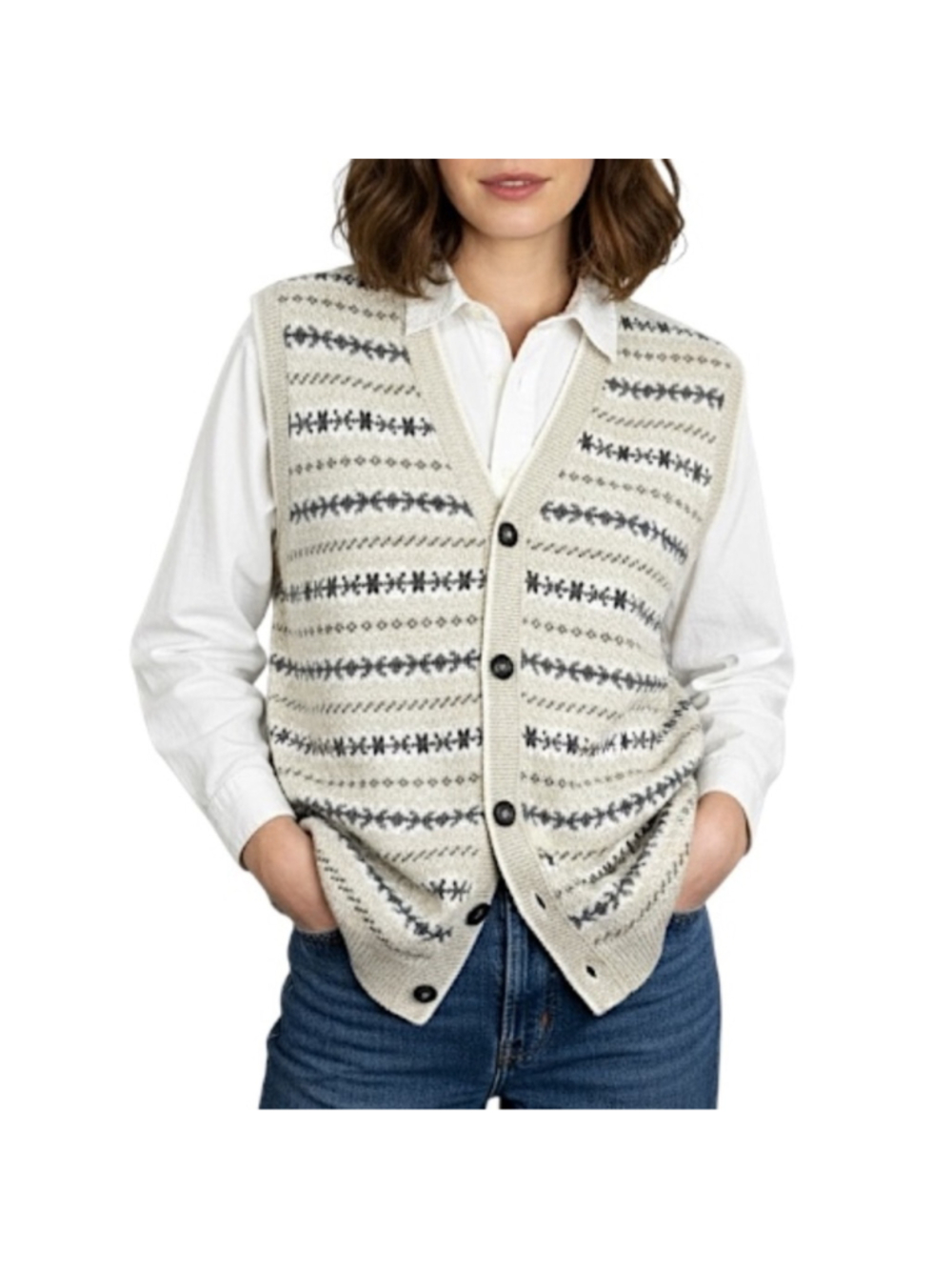 Vintage 80s 90s fair isle style beige cream cotton button front sweater vest S